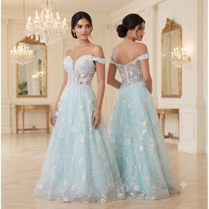 Morrell Maxie Size 4 Aqua White Floral Lace Off Shoulder Formal Gown